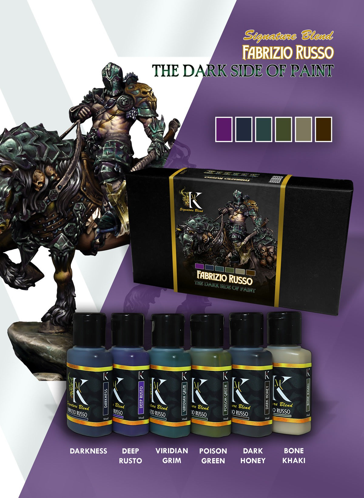 Fabrizio Russo 'Dark Side of Paint' set: six model paints, a product box, and a painted miniature warrior
