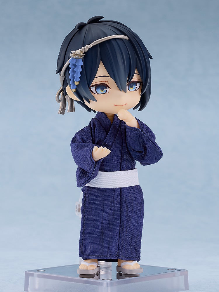 Nendoroid anime figure in dark blue yukata with white obi, blue hair, silver and blue floral ornament, smiling, wearing sandals