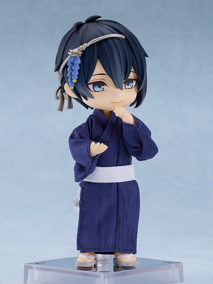 Nendoroid anime figure in dark blue yukata with white obi, blue hair, silver and blue floral ornament, smiling, wearing sandals
