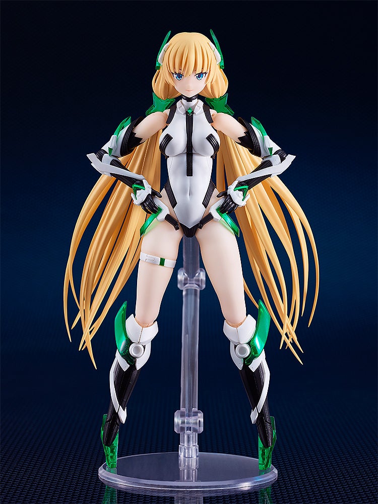 Blonde anime action figure in white black and green suit with long flowing hair