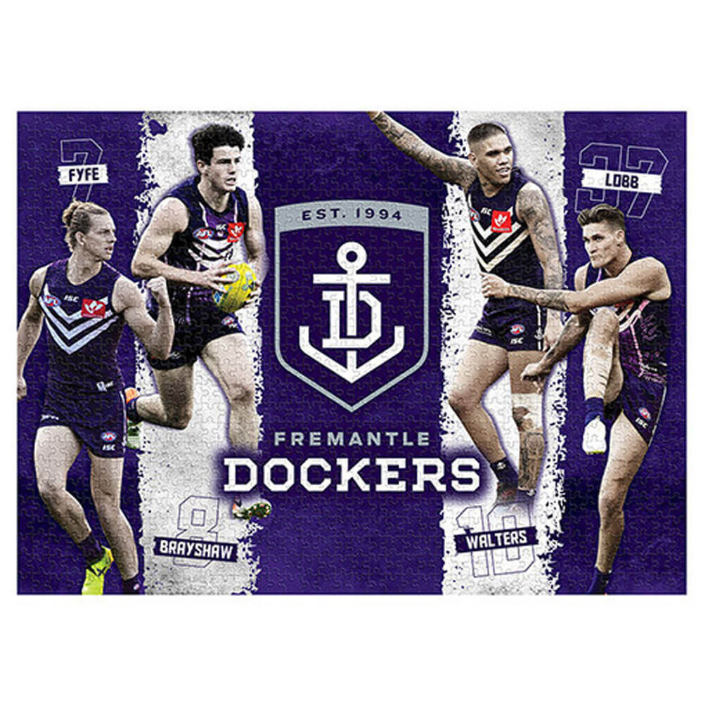 Fully assembled puzzle of Fremantle Dockers 4 Player puzzle in action poses with team logo