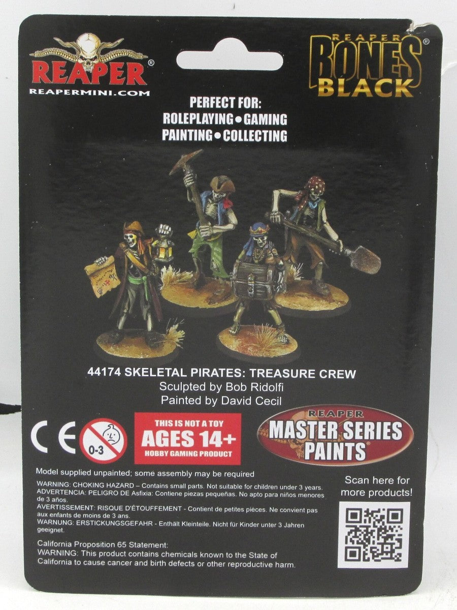 The back of the Reaper Bones Black Skeletal Treasure Crew packaging shows five painted miniature skeleton pirates with shovels, a pickaxe, a map, and a treasure chest