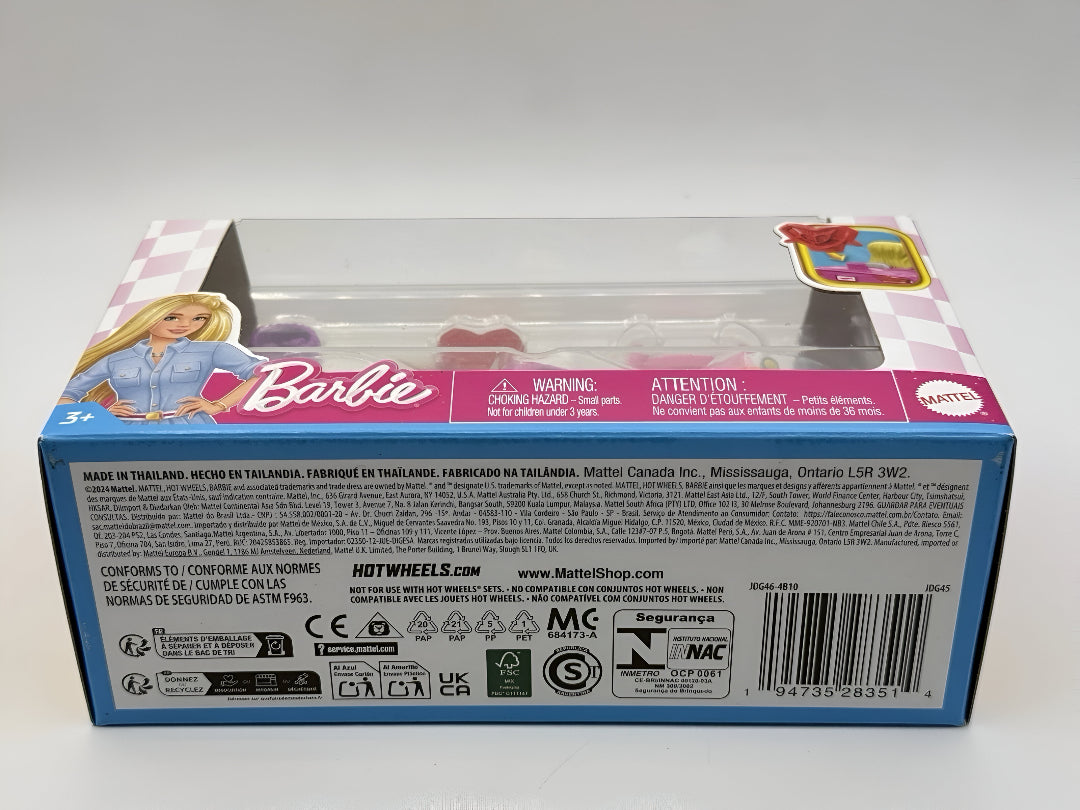 Boxed Hot Wheels RacerVerse Barbie Die-Cast Vehicles playset featuring a blonde Barbie doll in a blue shirt, with various small accessories visible inside