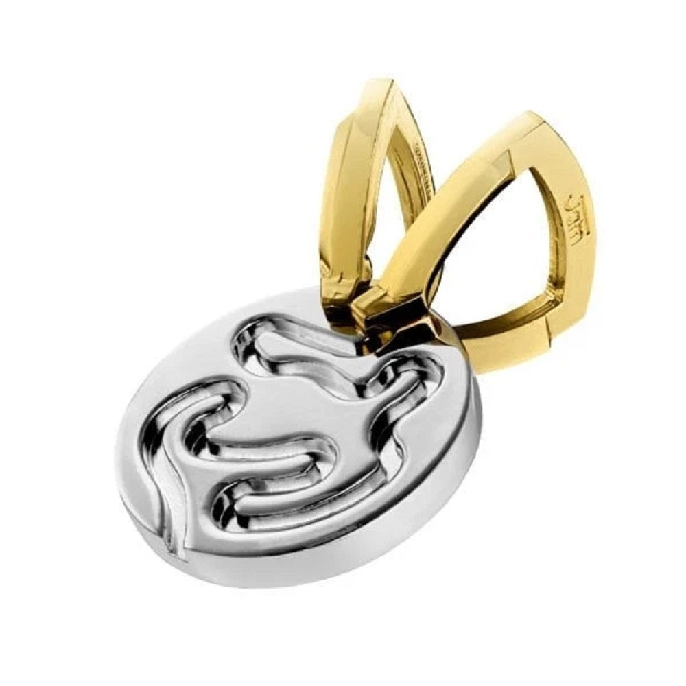 Two-tone gold and silver oval pendant with a deep, winding carved symbol on a white background