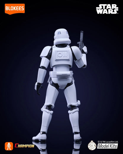 Stormtrooper model figure, viewed from the back, raising a blaster rifle