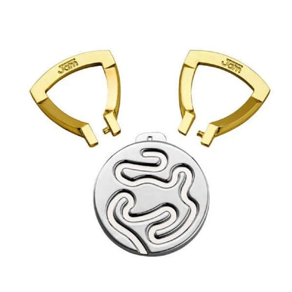Two gold "Jam" clips and a round silver pendant with a winding, cutout maze design