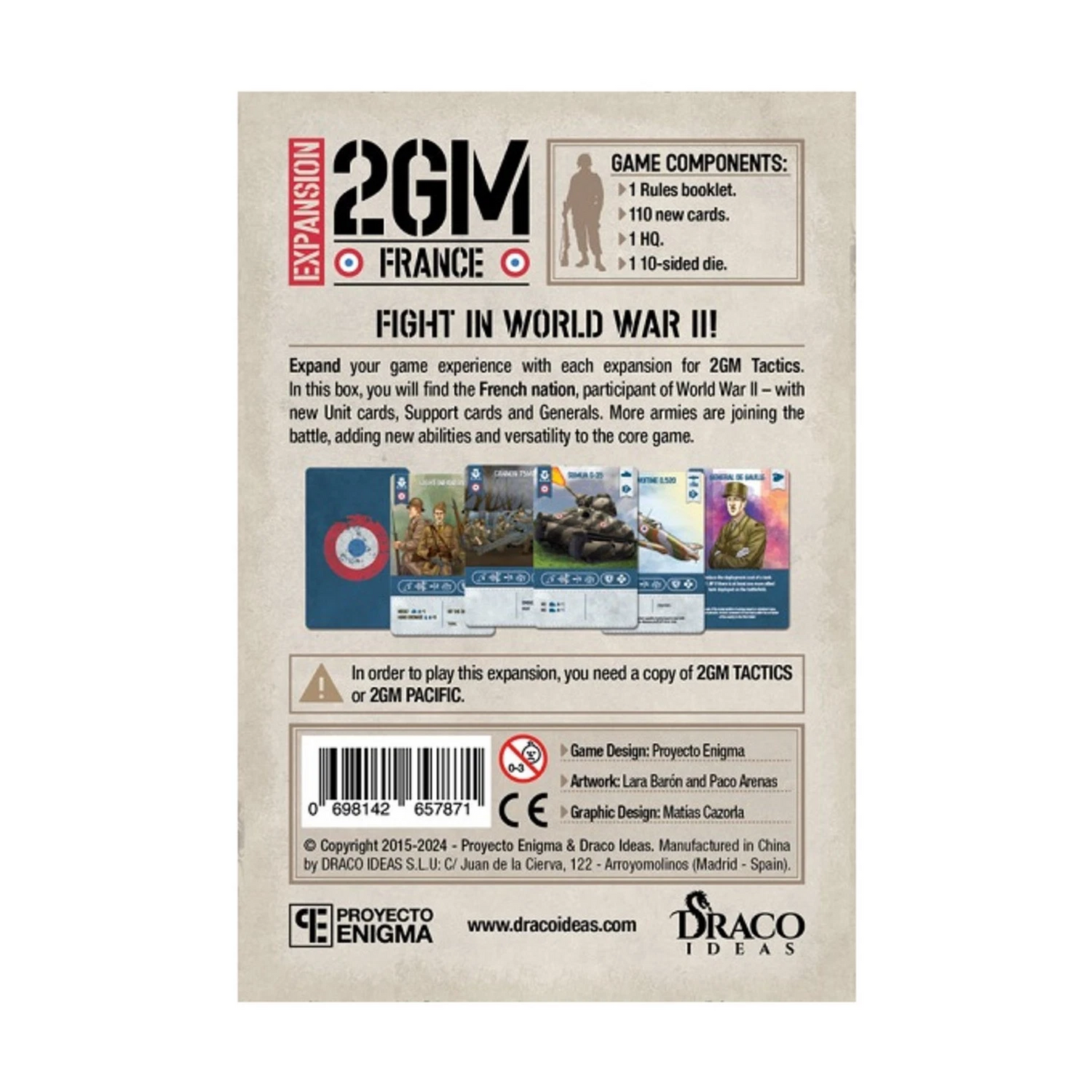 Back of the 2GM France Expansion box for the World War II tactics game, detailing components and cards