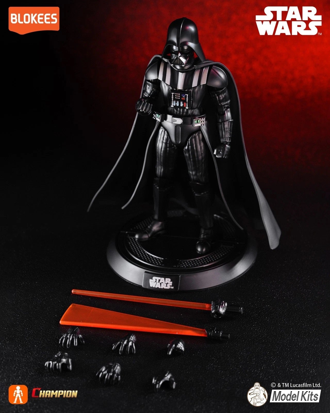 Darth Vader model kit figure standing on a base, displayed with interchangeable hands and red lightsaber parts