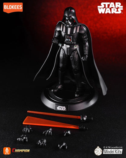 Darth Vader model kit figure standing on a base, displayed with interchangeable hands and red lightsaber parts