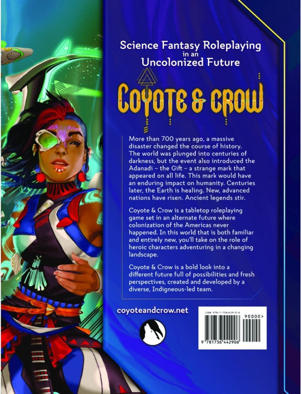 Coyote and Crow tabletop roleplaying game book with woman in futuristic Native American attire