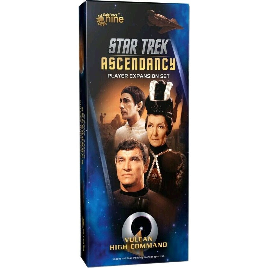 Star Trek Ascendancy: Vulcan High Command Player Expansion Set box, featuring Spock, T'Pau, and Stonn.