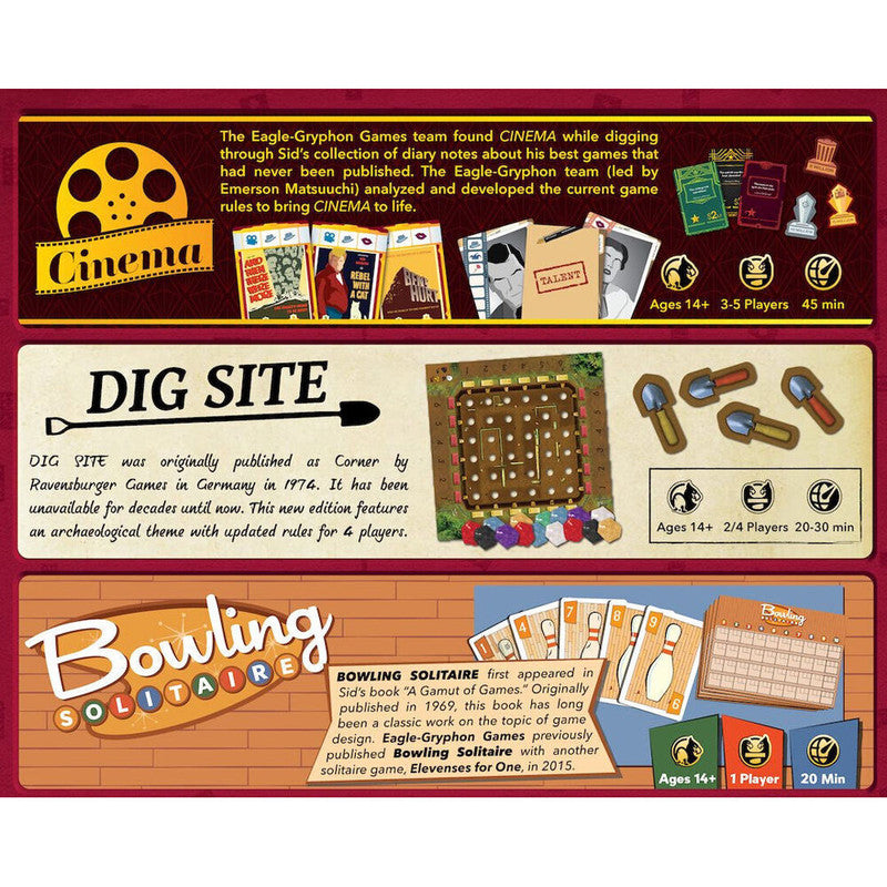 Board game box highlighting three different games Cinema Dig Site and Bowling Solitaire with player counts age ranges and estimated game times