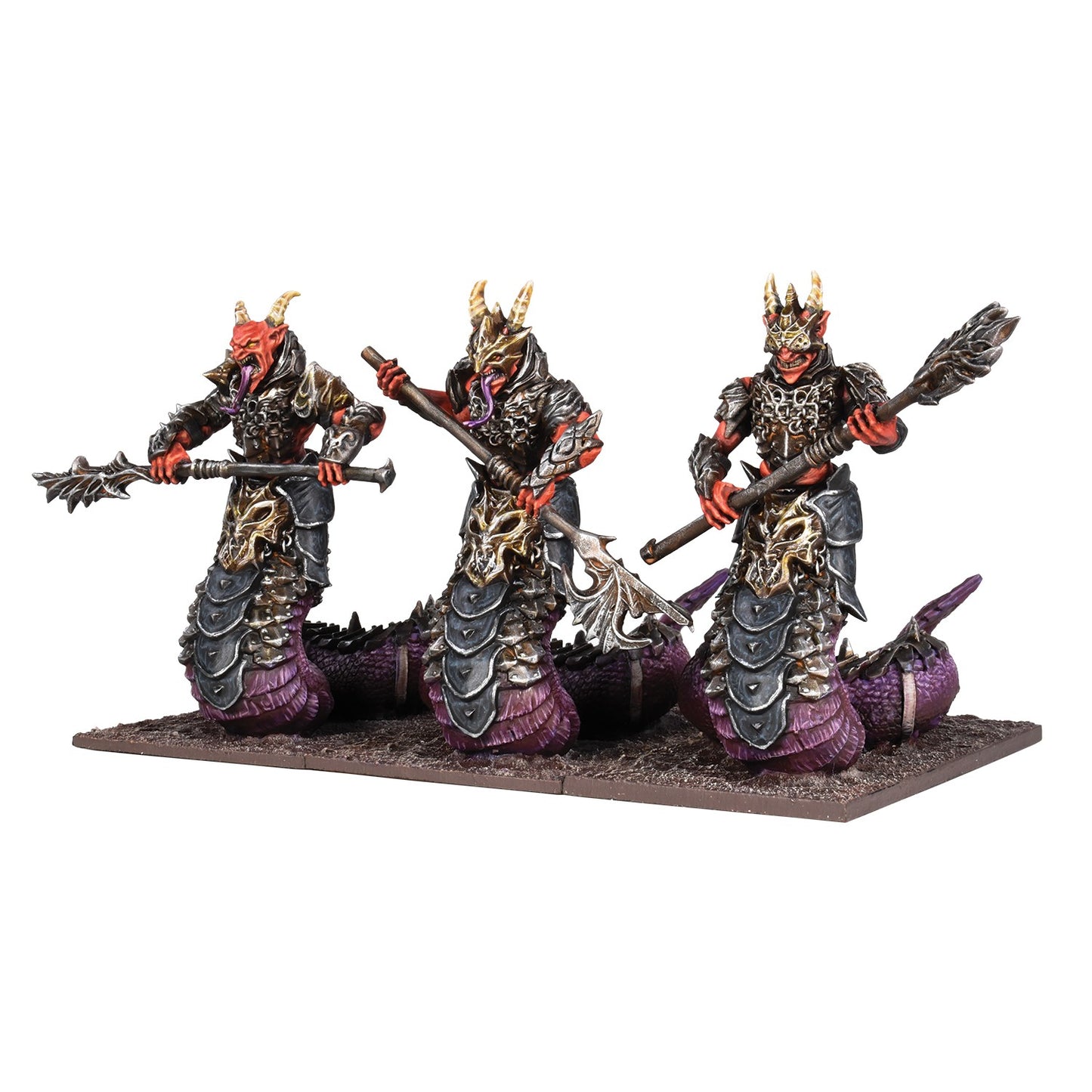 Three horned, red-skinned demon miniatures with snake-like bodies and dark armor, each holding a staff