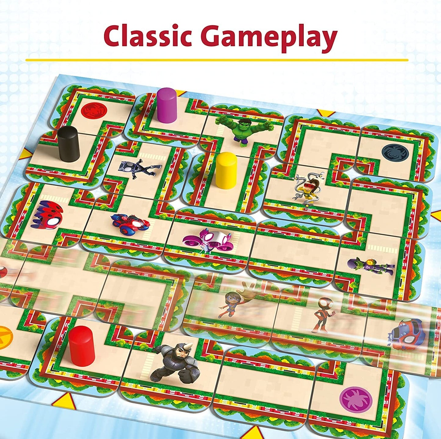 Colourful maze board game with cylindrical pieces and tokens featuring superhero and villain characters