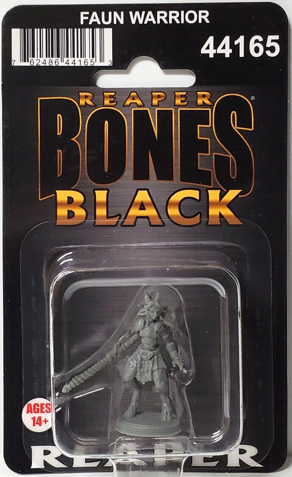 The Reaper Bones Black Faun Warrior miniature in its clear blister packaging shows a gray horned figure with armor and a staff-like weapon