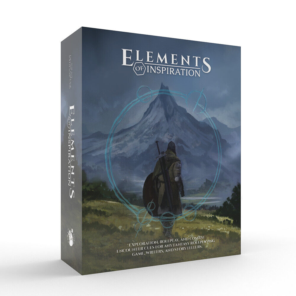 The Elements of Inspiration Box Set displays a robed figure with a sword on their back facing mountains, surrounded by blue glowing circles