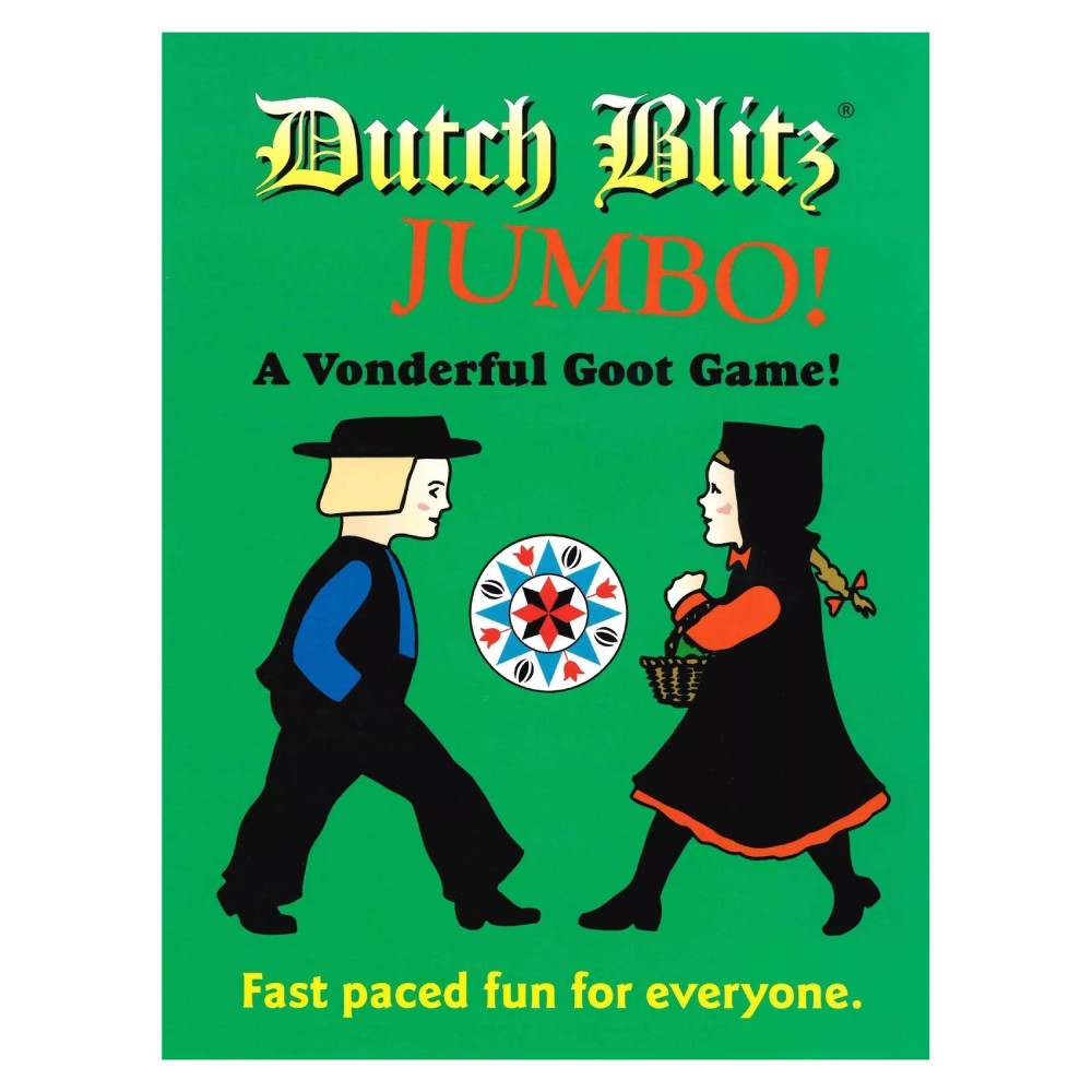 Dutch Blitz JUMBO! game cover: Cartoon boy and girl in Dutch attire face a colorful, circular game emblem