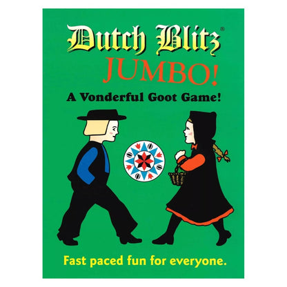 Dutch Blitz JUMBO! game cover: Cartoon boy and girl in Dutch attire face a colorful, circular game emblem