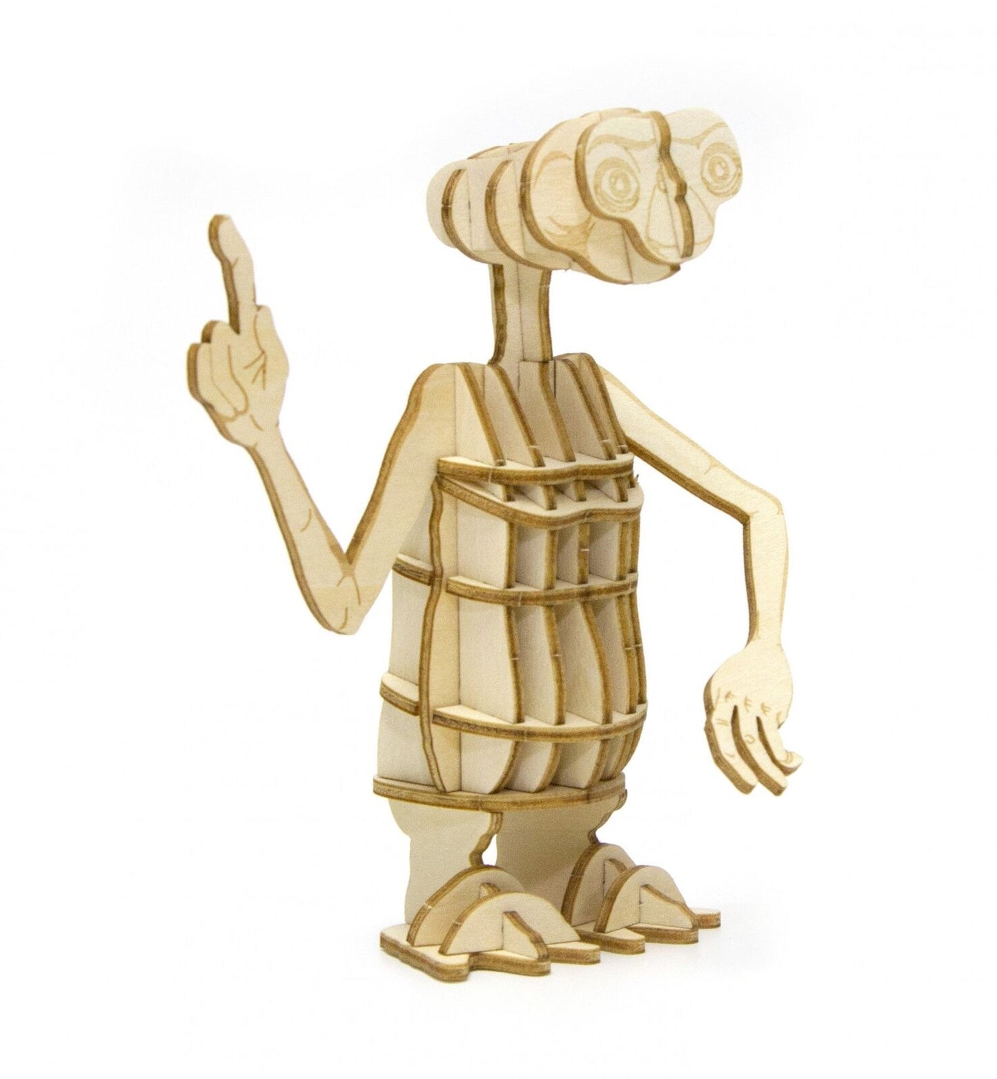 Wooden ET The Extra-Terrestrial 3D wood model kit standing and pointing up on a white background