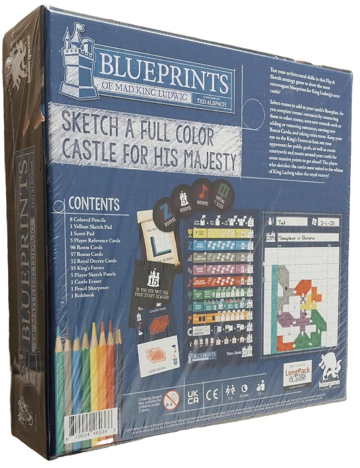 Back of "Blueprints of Mad King Ludwig" board game box, showing colored pencils and a partially sketched colorful castle on a score sheet