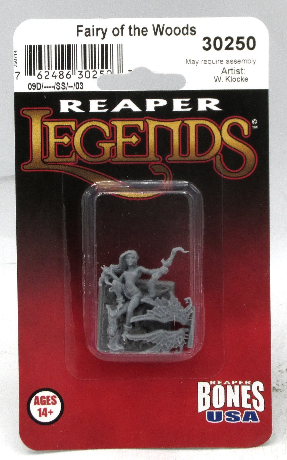 Unpainted Reaper Bones "Fairy of the Woods" fantasy model kit 30250, packaged on a red and black card