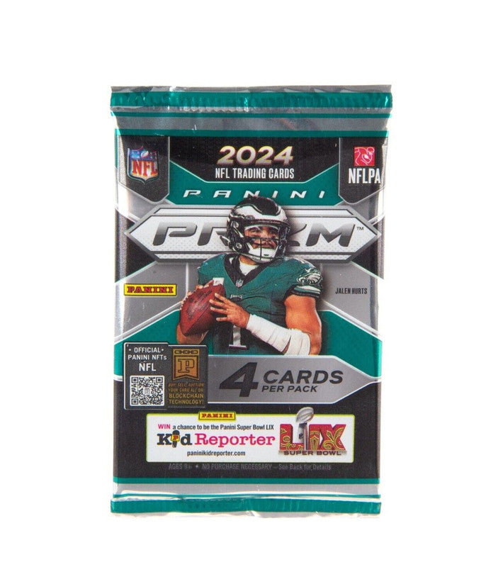 Panini Prizm 2024 NFL Football trading card pack featuring Jalen Hurts of the Philadelphia Eagles with 4 Cards Per Pack detail