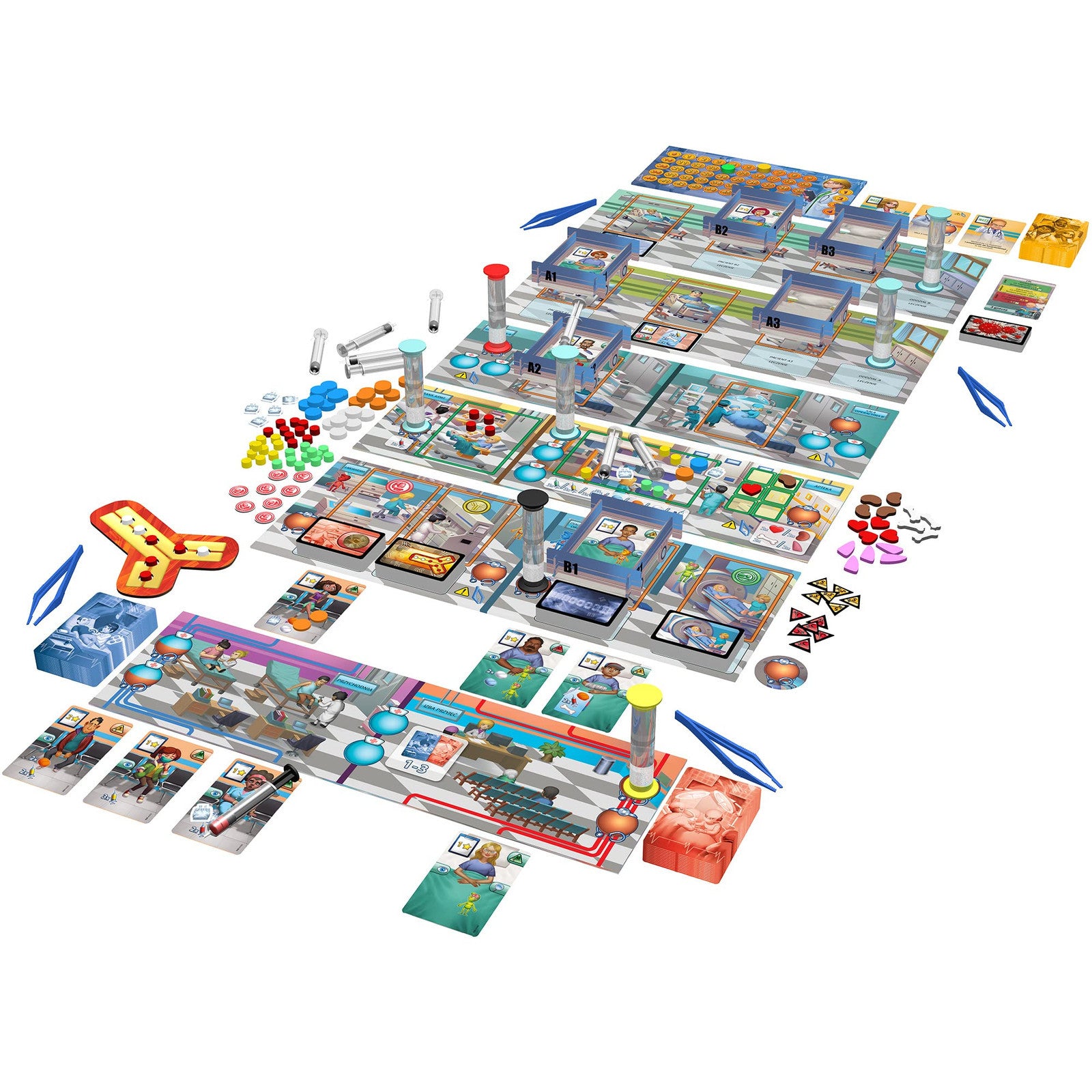 Rush MD game components including tokens and boards