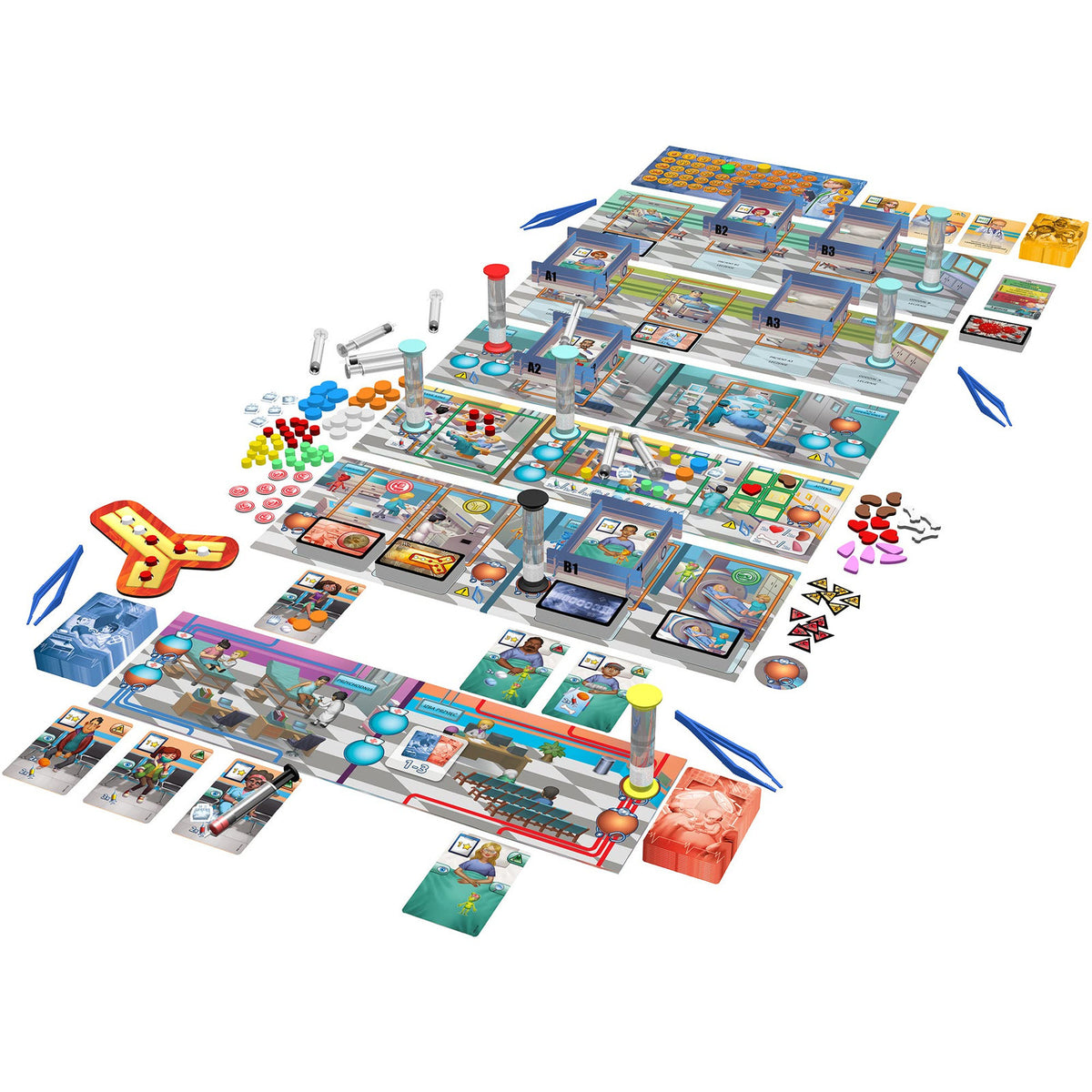 Rush MD game components including tokens and boards