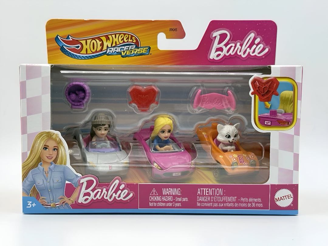 Packaged Hot Wheels RacerVerse Barbie playset with two dolls and a cat in mini cars, plus accessories