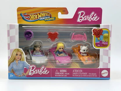 Packaged Hot Wheels RacerVerse Barbie playset with two dolls and a cat in mini cars, plus accessories