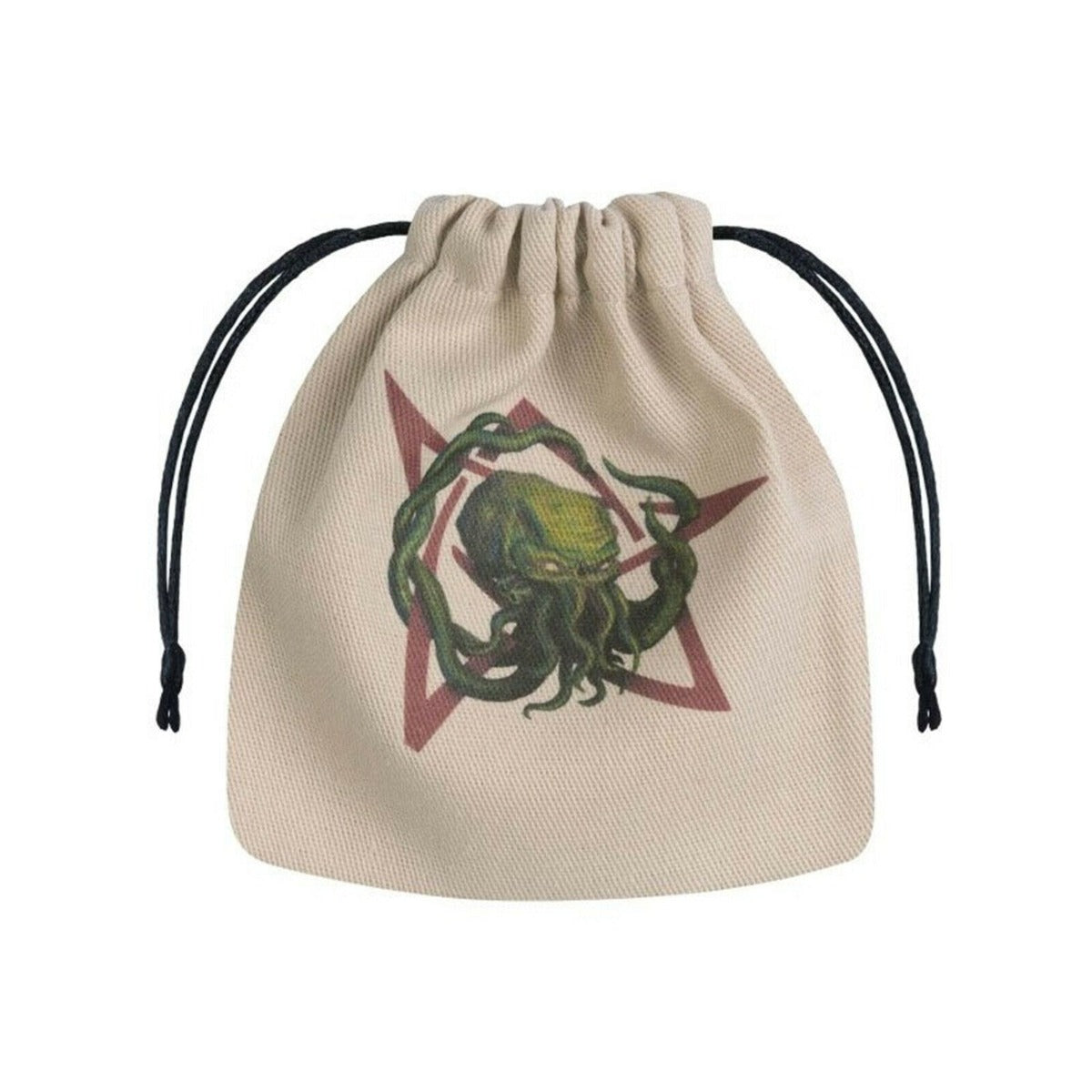 A beige drawstring dice bag displays a green tentacled creature with wings surrounded by vines and a red five-pointed star