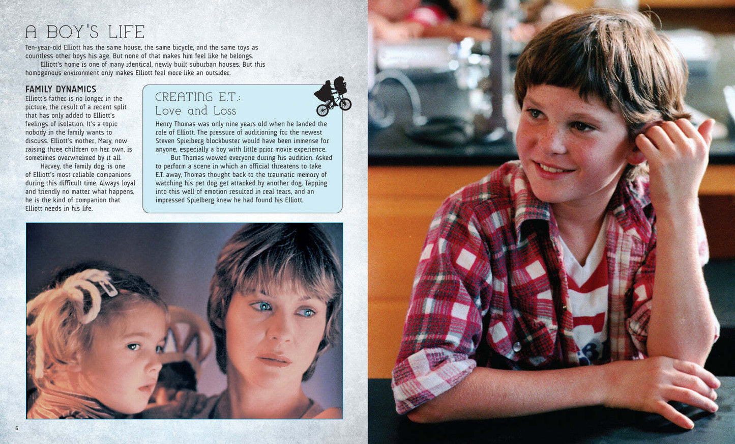 Two images, the top shows a young boy in a plaid shirt, the bottom shows a girl and a toddler for the IncrediBuilds ET book and 3D wood model