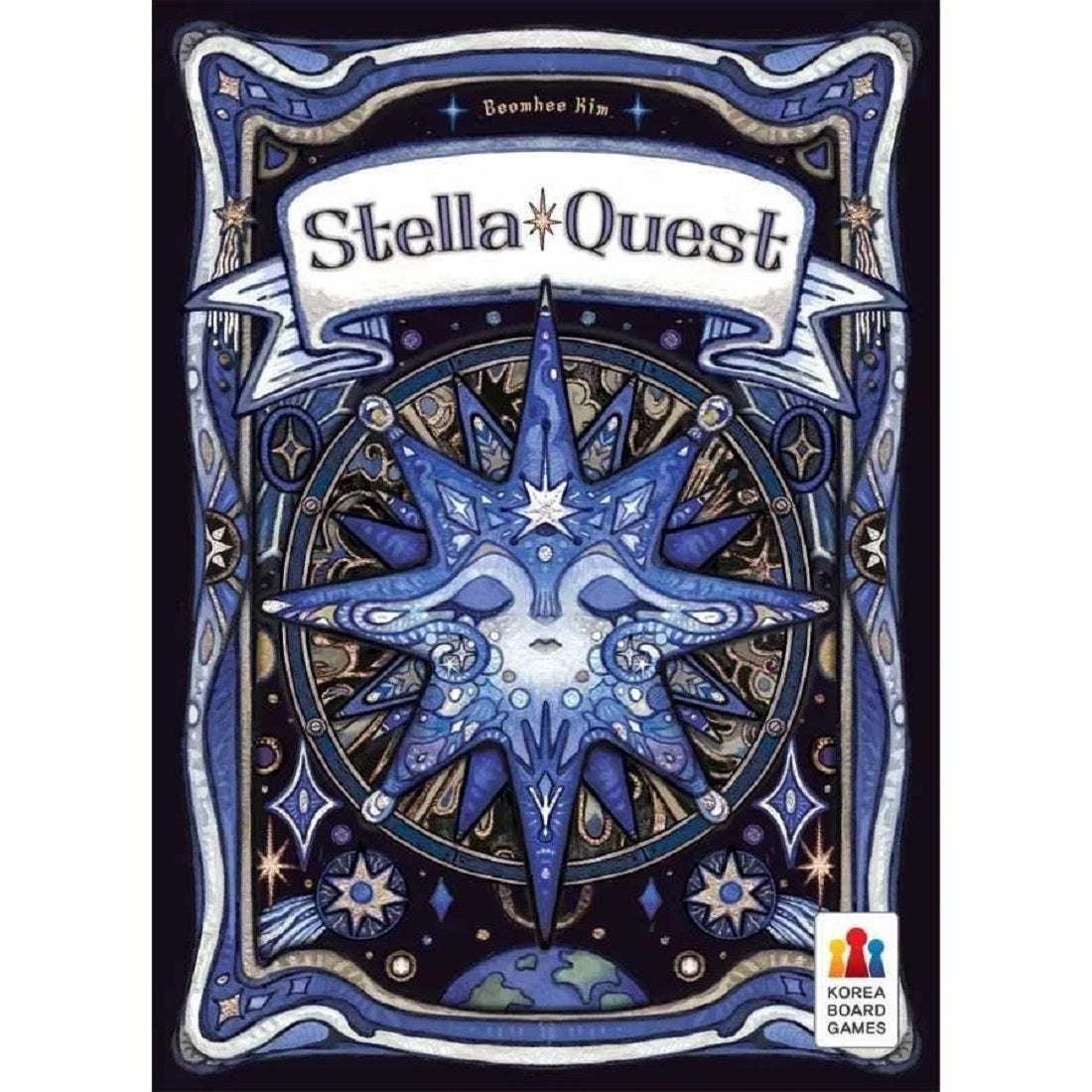 Stella Quest board game cover: Intricate blue celestial art showing a large, stylized star with a human face