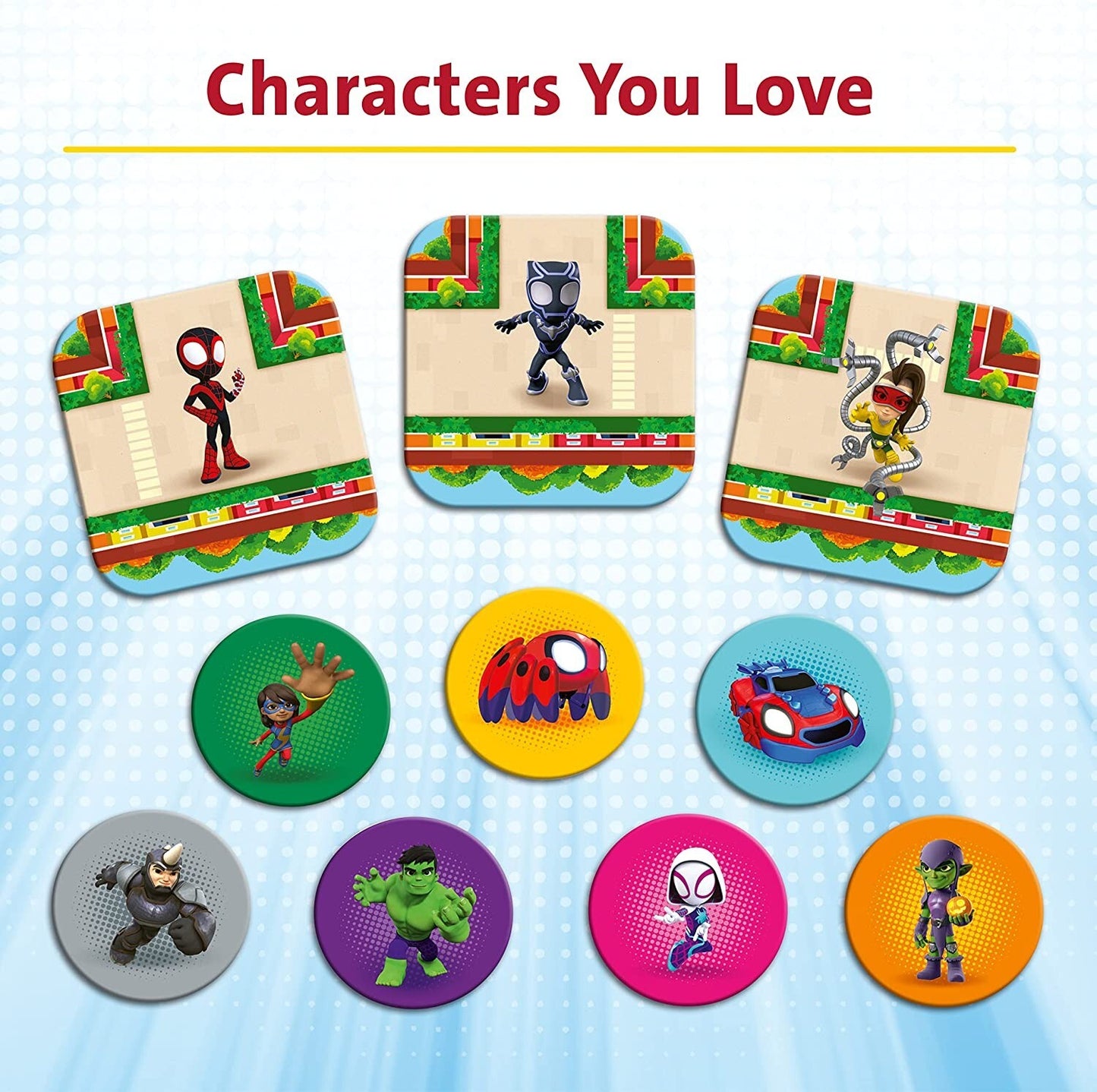 Assortment of 10 cartoon Marvel character tokens, including Spider-Man, Hulk, Black Panther, and Ms. Marvel