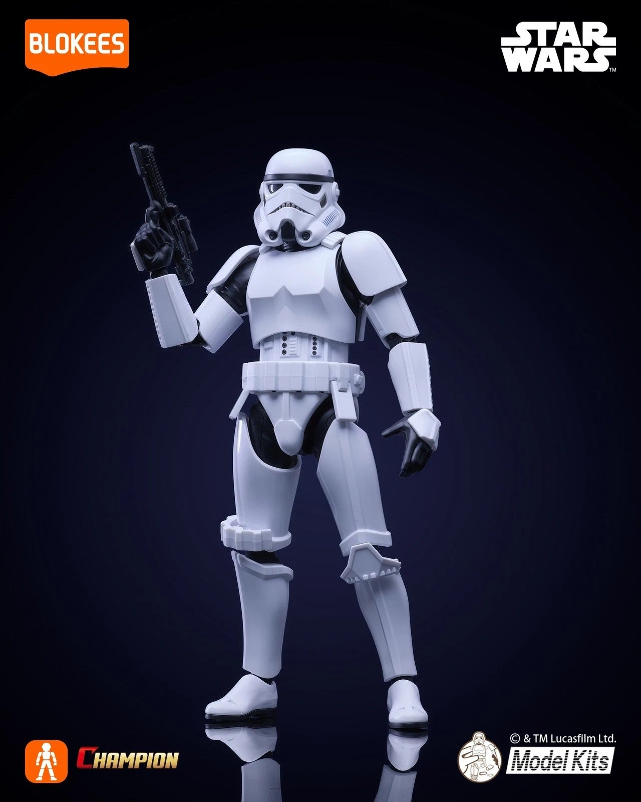Posed Star Wars Stormtrooper action figure in white armor, raising a blaster rifle