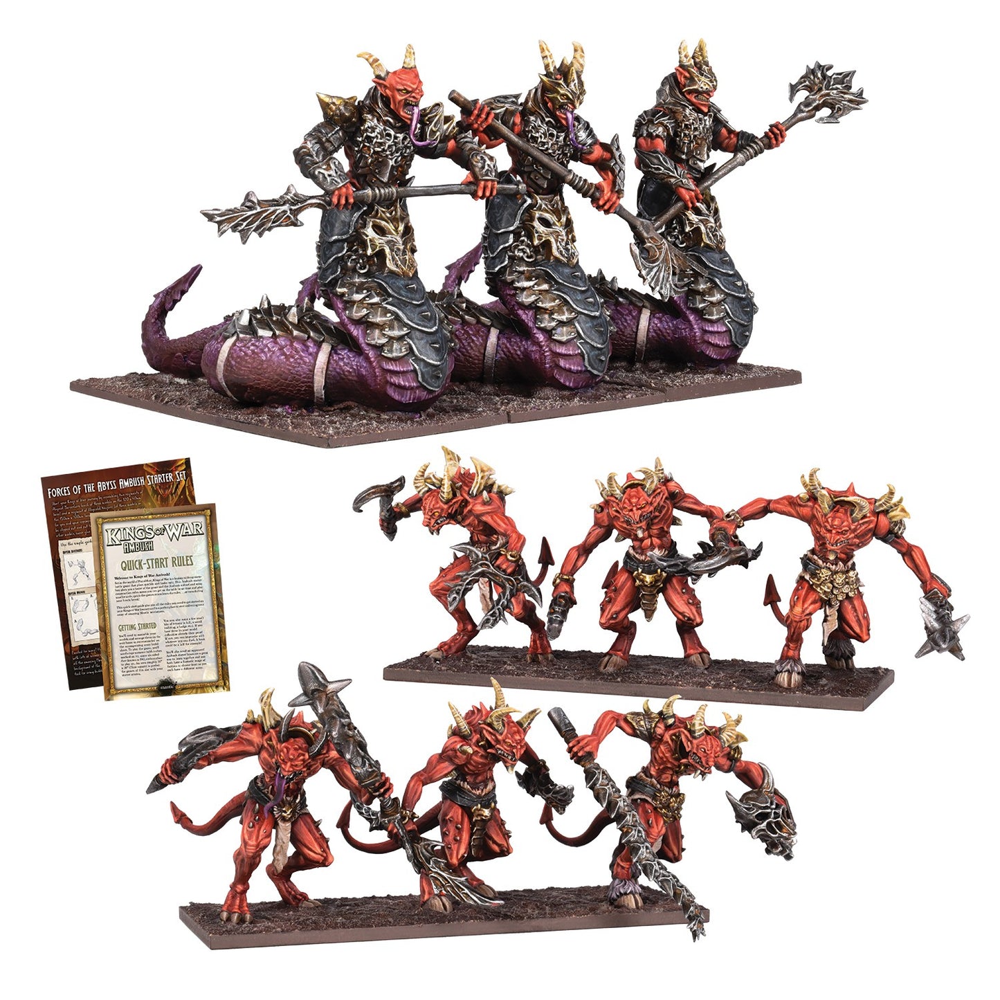 Kings of War 'Forces of the Abyss' starter set: 3 snake-bodied armored demons, 6 horned red demons and rulebook