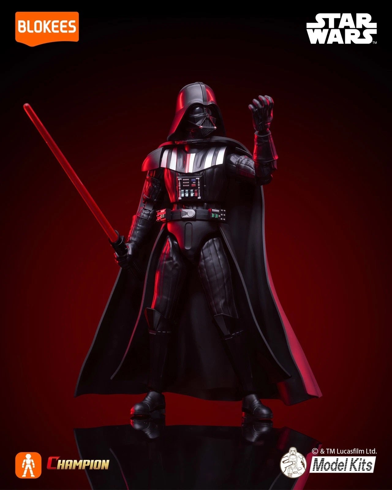Darth Vader model kit holding a red lightsaber and raising his hand, posed against a red backdrop