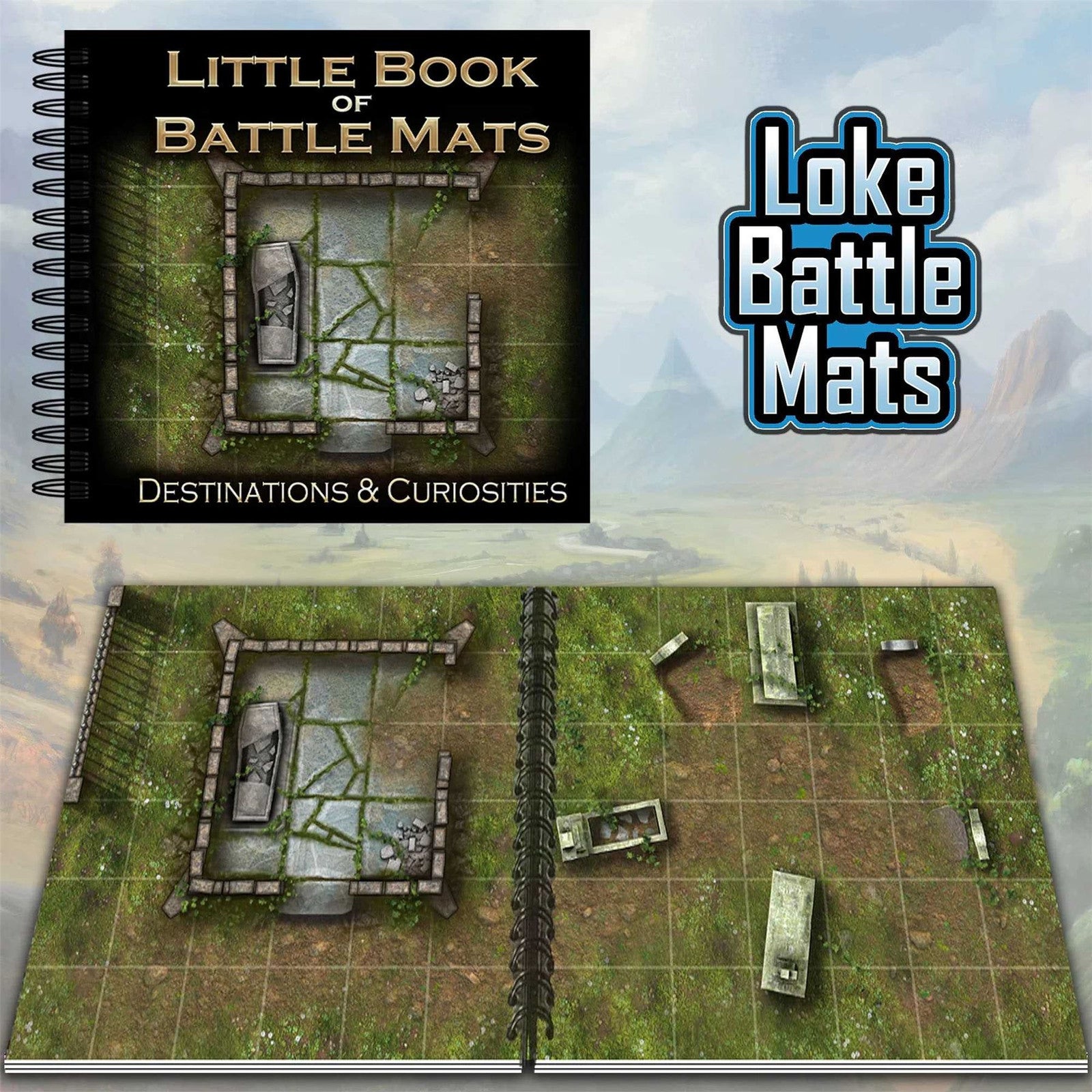 A spiral-bound "Little Book of Battle Mats" open, showing a grid map of a ruined crypt and scattered graves.