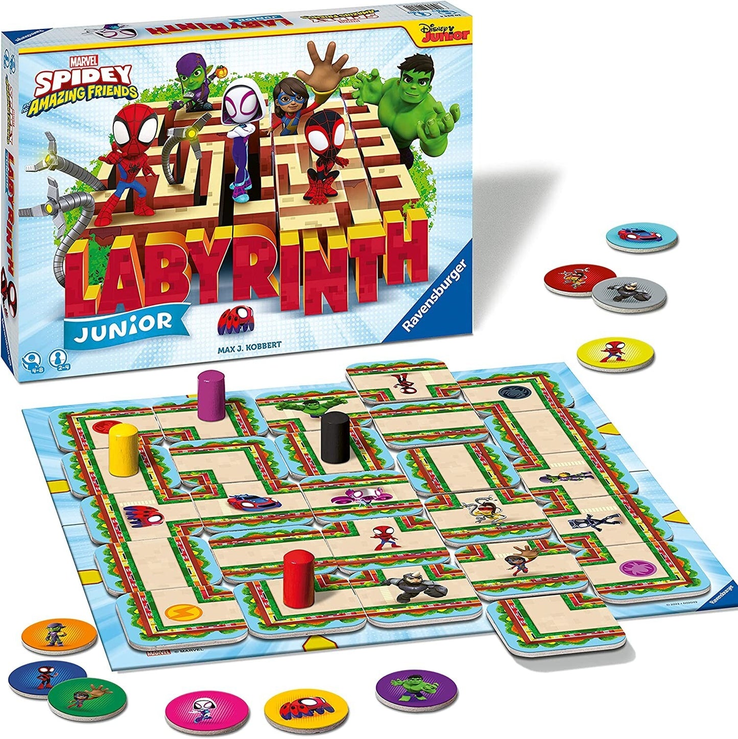 The Marvel Spidey and His Amazing Friends Labyrinth Junior board game box, board, tokens, and pawns