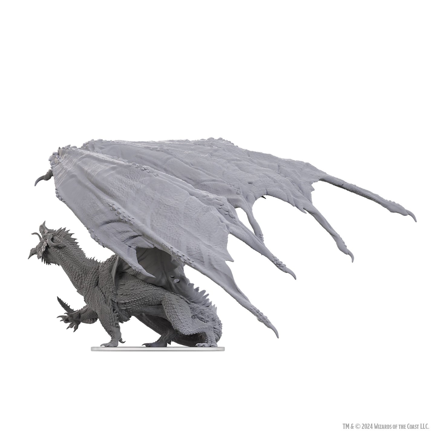 Side view of unpainted resin dragon miniature with open wings and roaring mouth on a circular base