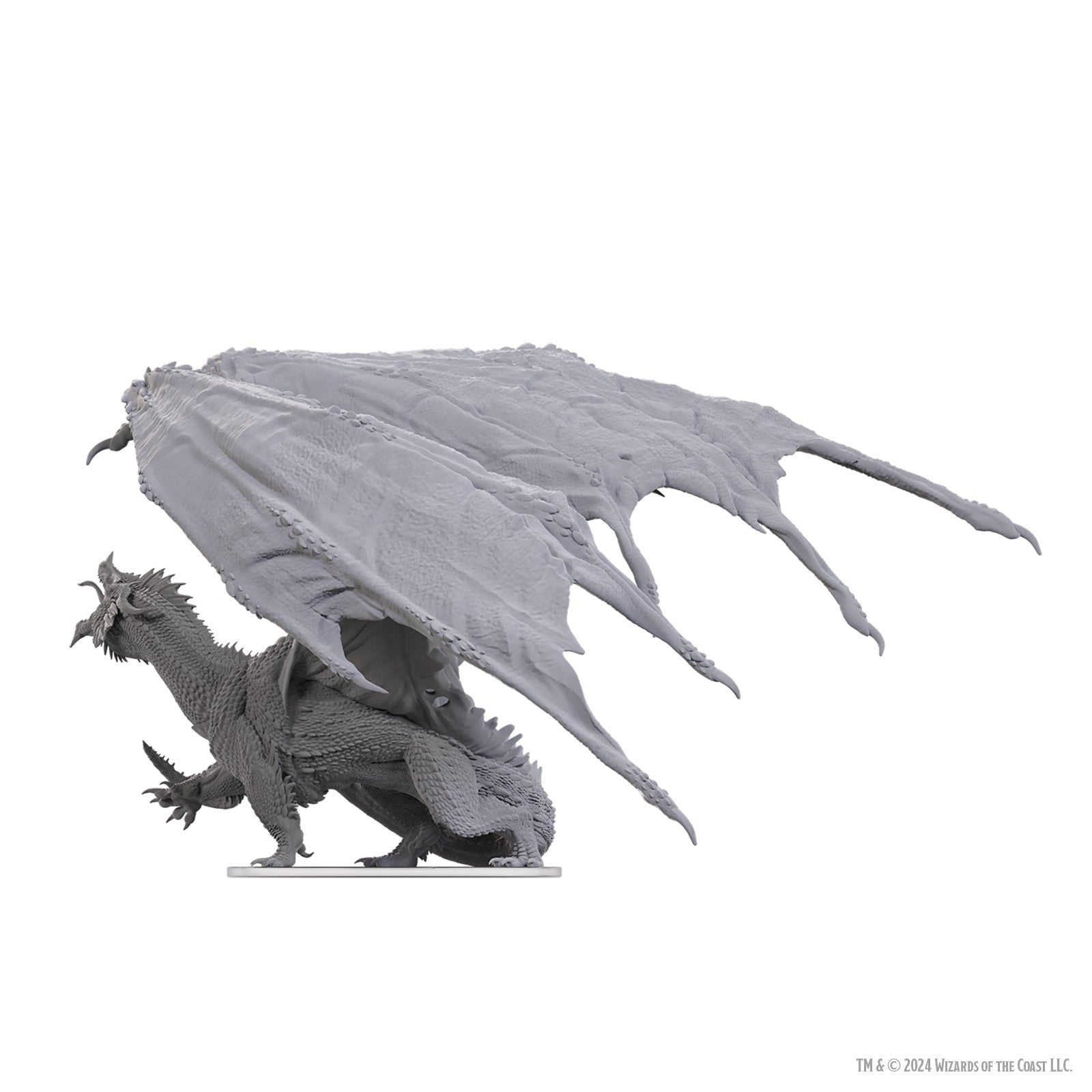 Side view of unpainted resin dragon miniature with open wings and roaring mouth on a circular base