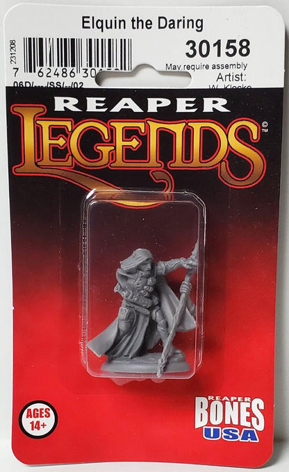 Reaper Legends Elquin the Daring Bones miniature figure (30158) in blister packaging, holding a staff