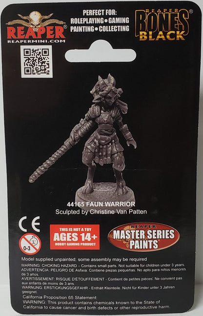 A dark grey unpainted Reaper Bones Black Faun Warrior miniature figure standing on a base, displayed on its black retail packaging with product information