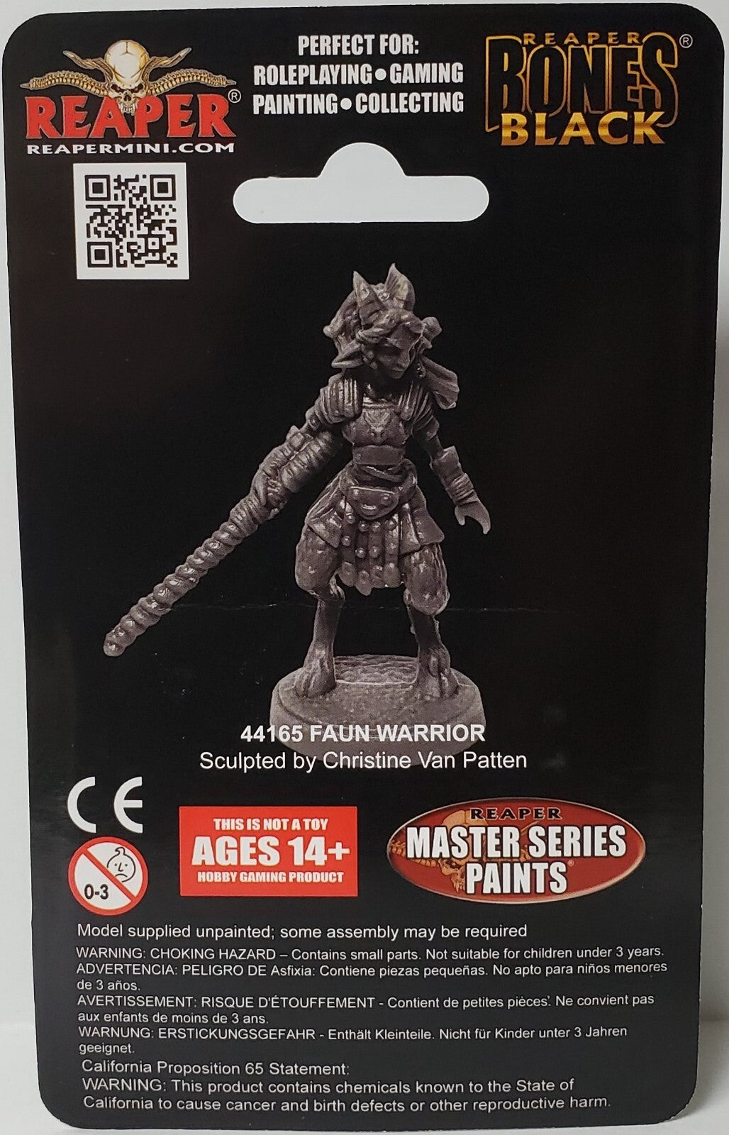 A dark grey unpainted Reaper Bones Black Faun Warrior miniature figure standing on a base, displayed on its black retail packaging with product information