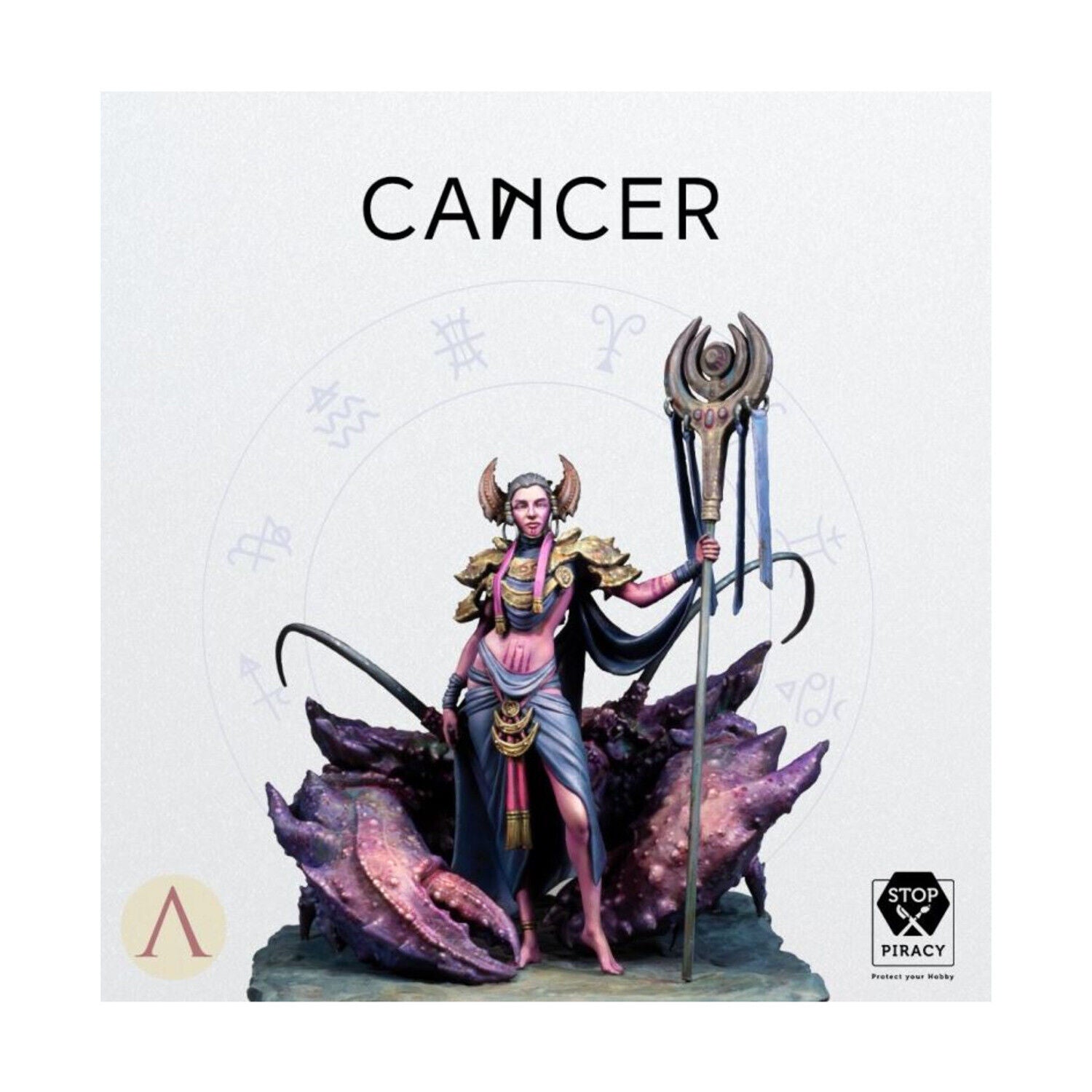 Detailed miniature of a mystical woman holding a staff, standing by a purple crab, representing the Cancer zodiac sign.