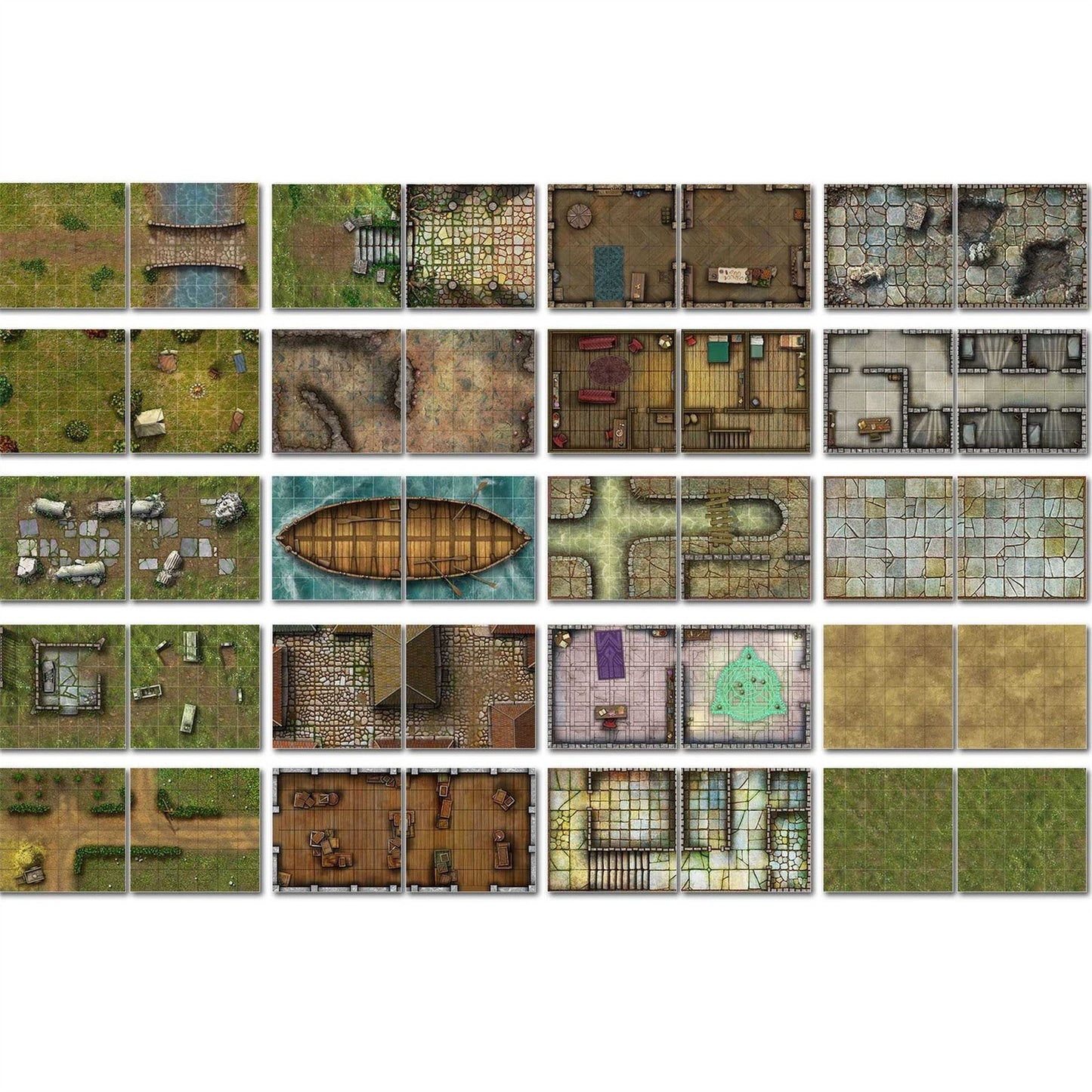 A collection of detailed tabletop RPG map tiles, featuring outdoor landscapes, indoor rooms, dungeons, bridges, and a boat.