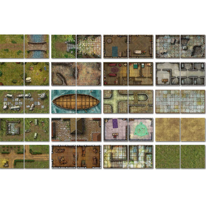 A collection of detailed tabletop RPG map tiles, featuring outdoor landscapes, indoor rooms, dungeons, bridges, and a boat.