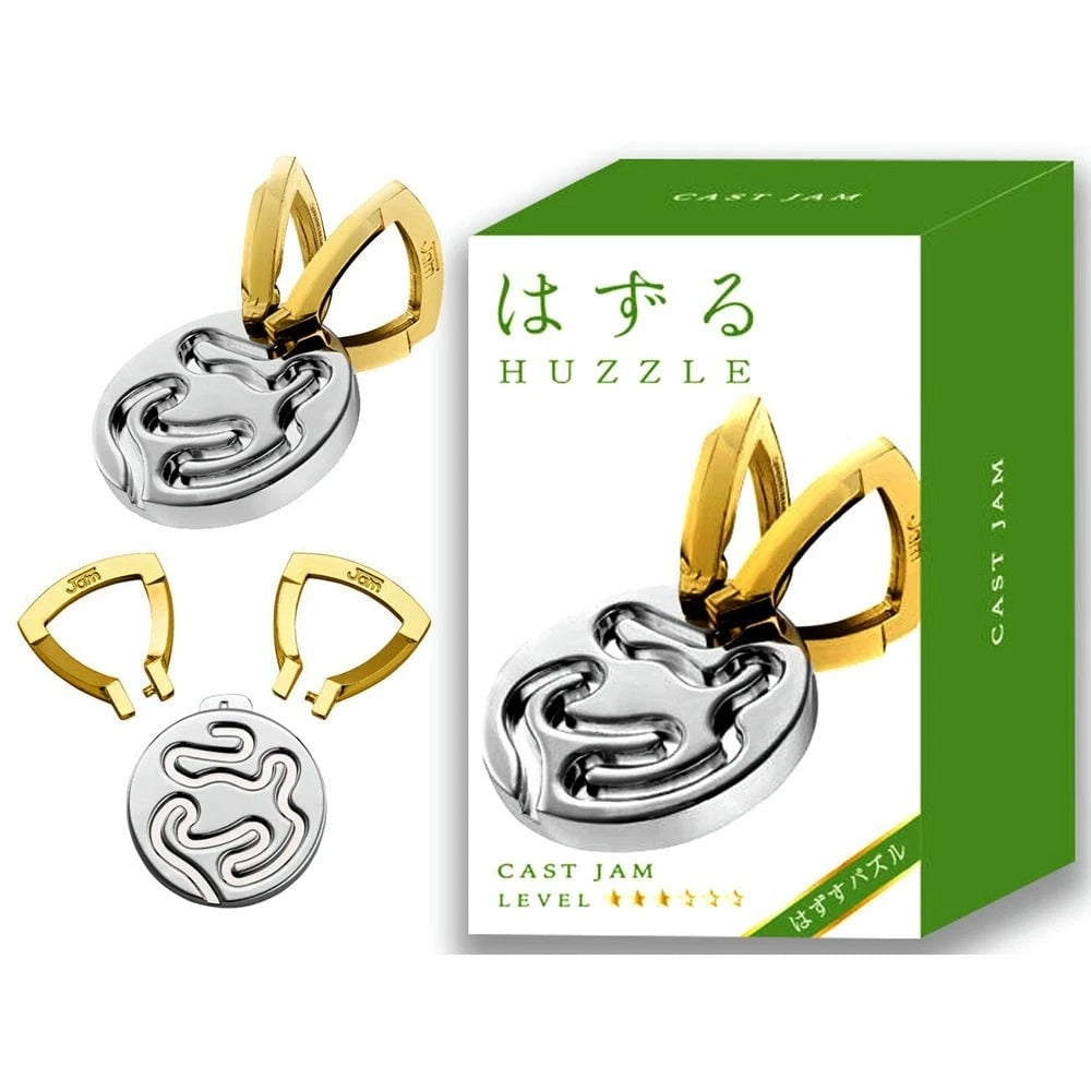 Silver and gold Cast Jam Huzzle metal puzzle displayed assembled and disassembled next to its green packaging