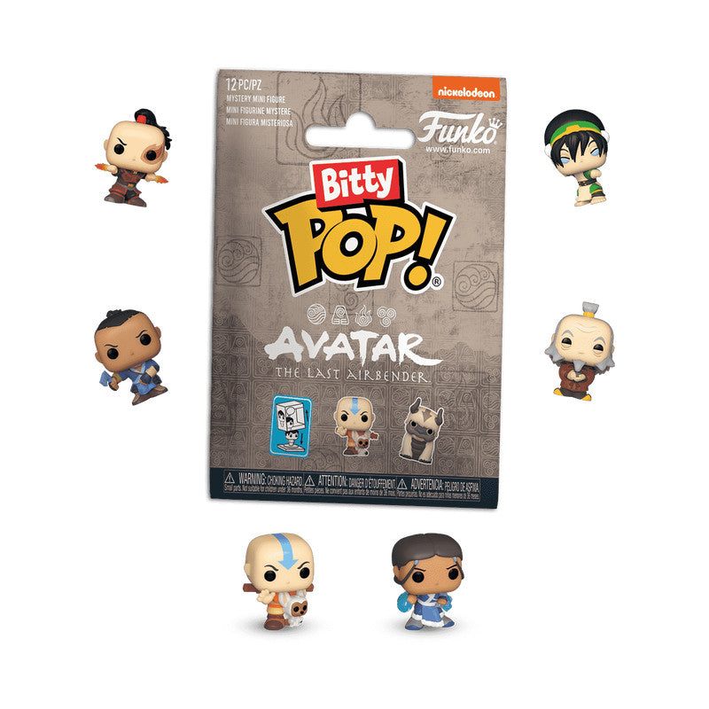 Funko Bitty Pop! Avatar: The Last Airbender 12pc mystery mini figure packaging with displayed figures of Aang, Zuko, and other characters