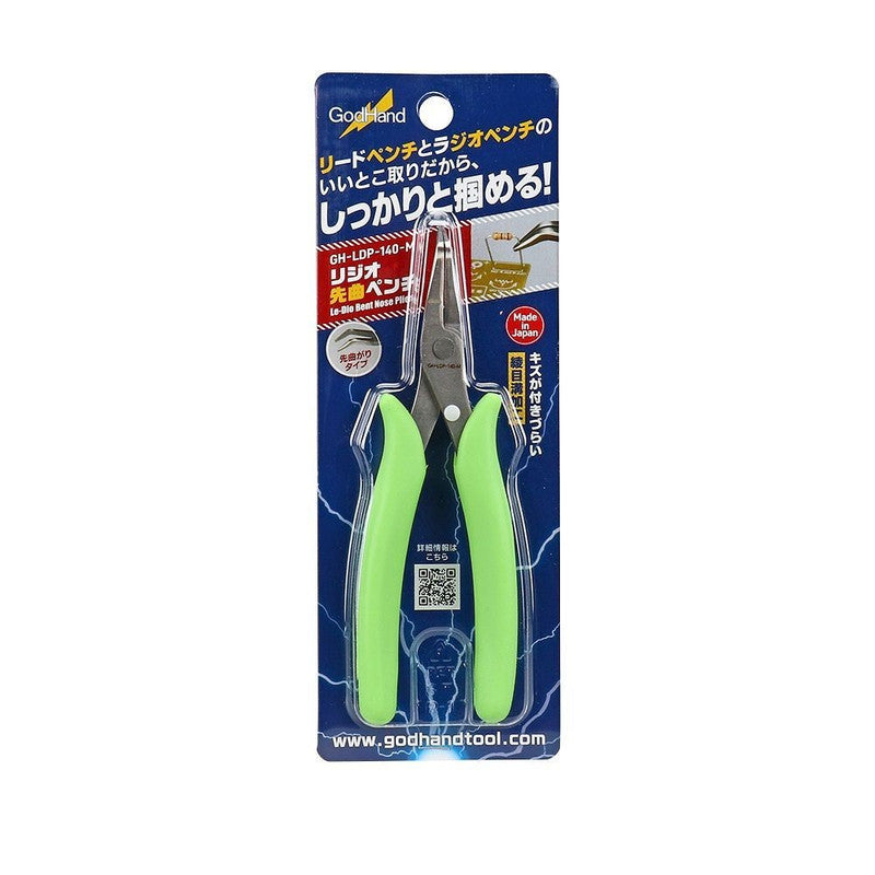GodHand Le-Dio Bent Nose Pliers with lime green handles, packaged on a blue card